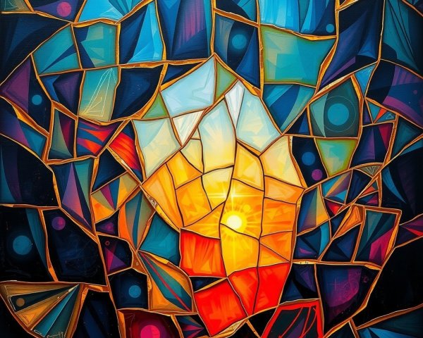 Vibrant Fragmented Shapes with Sunburst and Color Depth