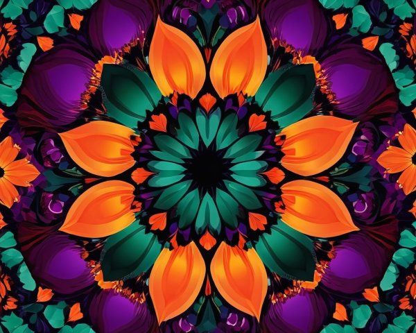 Vibrant Kaleidoscopic Floral Design with Bold Colors