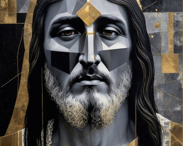 Geometric Artwork of a Long-Haired Figure with Beard