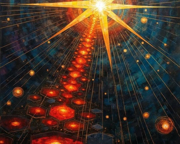 Cosmic Artwork with Radiant Star and Hexagonal Patterns