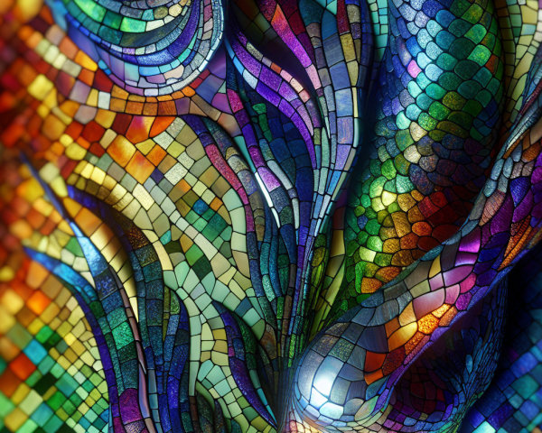 Iridescent Mermaid Figure in Vibrant Mosaic Art