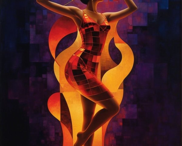 Woman in Red Dress Against Abstract Flames and Skyline