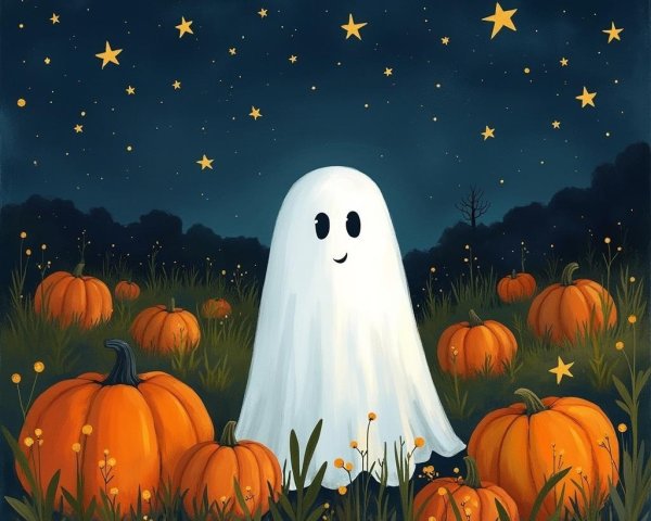 Cheerful ghost among pumpkins in a starry night scene