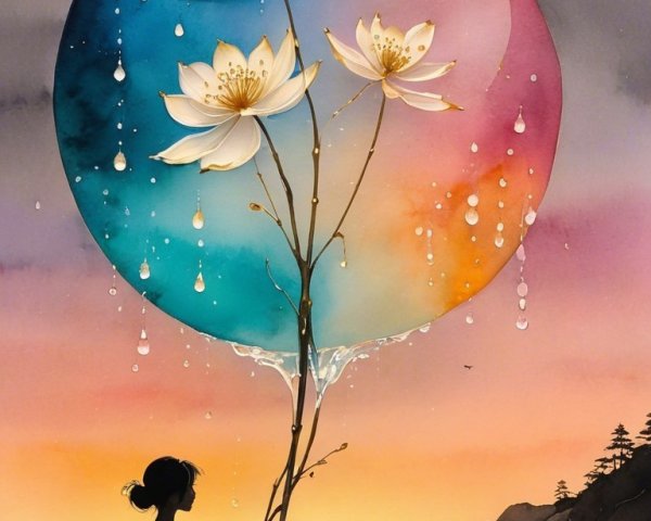 Serene Sunset Scene with Woman, Child, and Lotus Flowers