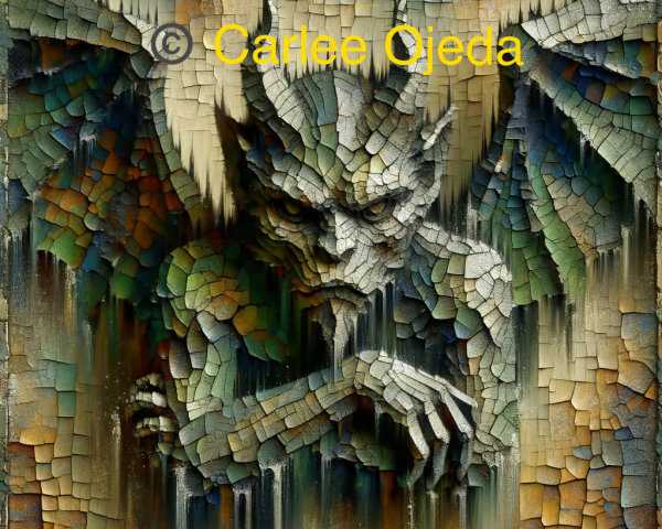 Fragmented Horned Creature with Wings in Earthy Tones