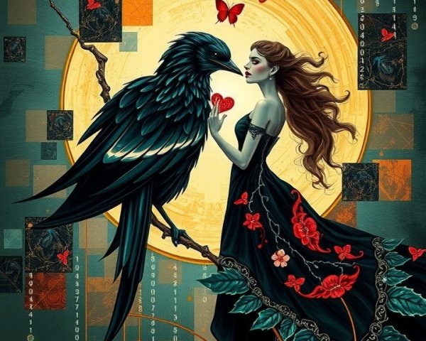 Mystical Scene of Woman, Raven, and Butterflies