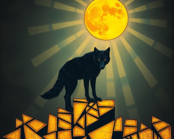 Black Wolf Silhouette on Golden Shards Under Moonlight