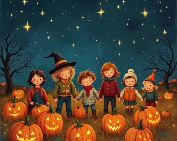 Whimsical Autumn Scene with Children and Jack-o'-Lanterns