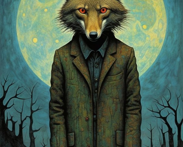 Humanoid Figure with Fox Head Under Full Moon