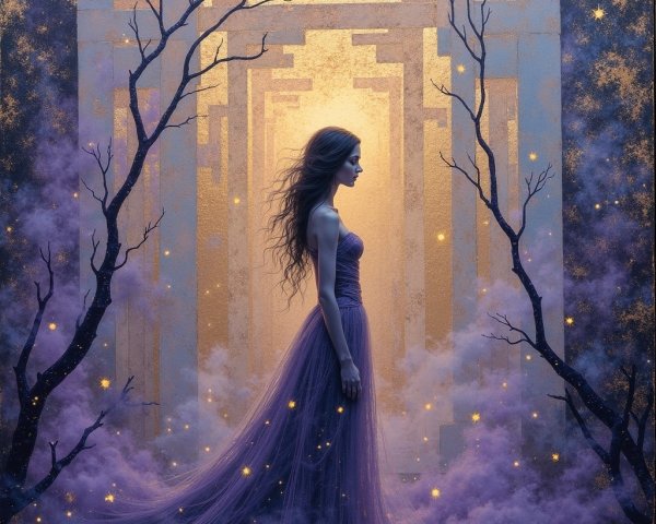 Ethereal Woman in Purple Gown Against Mystical Background