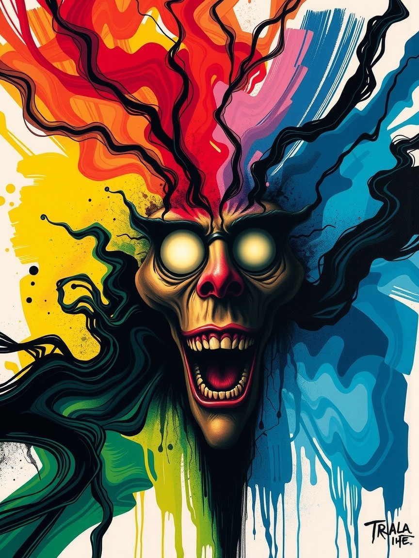 Surreal skull with colorful patterns and glowing eyes