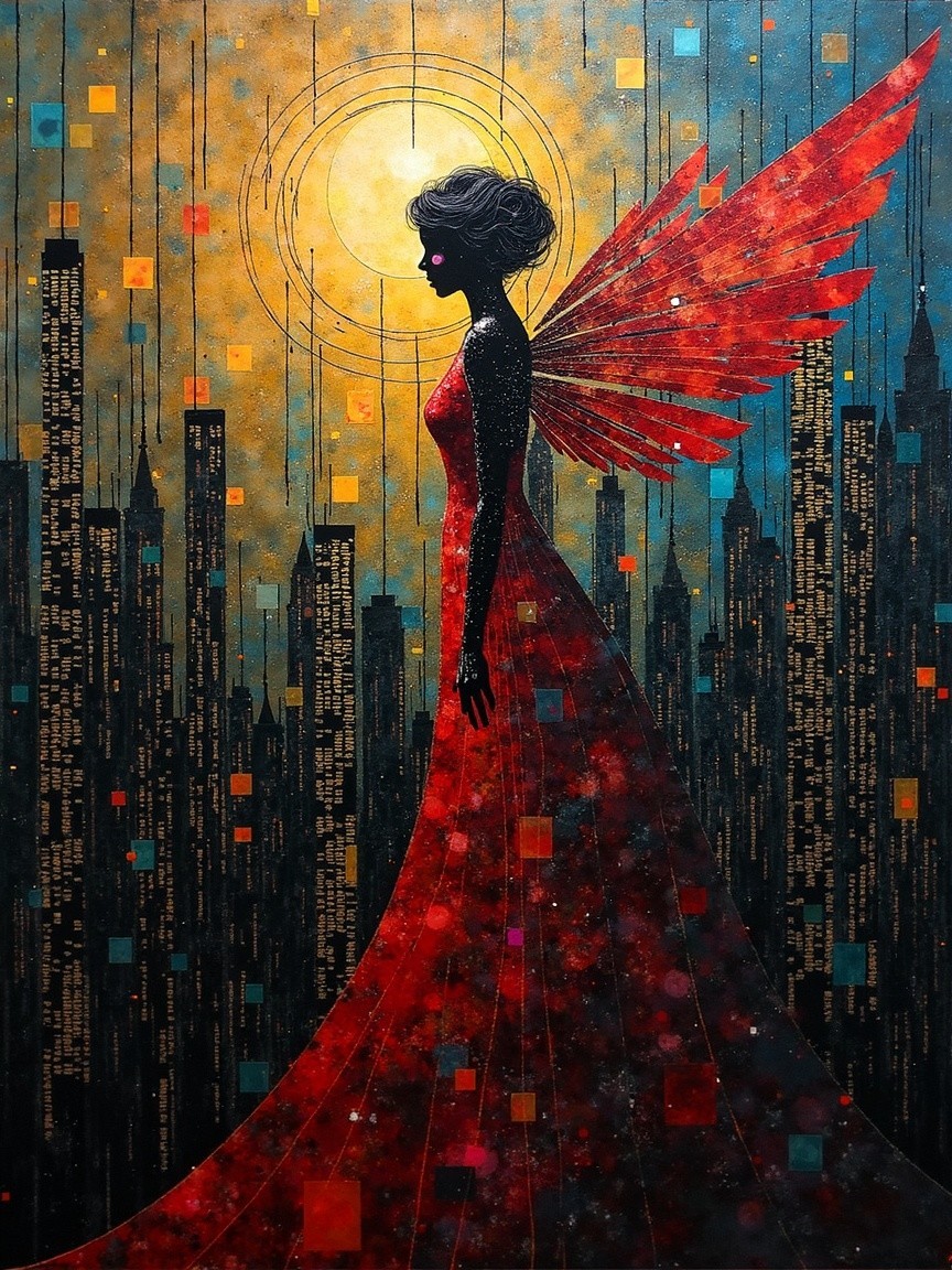 Silhouette of a Woman in Red Gown with City Skyline