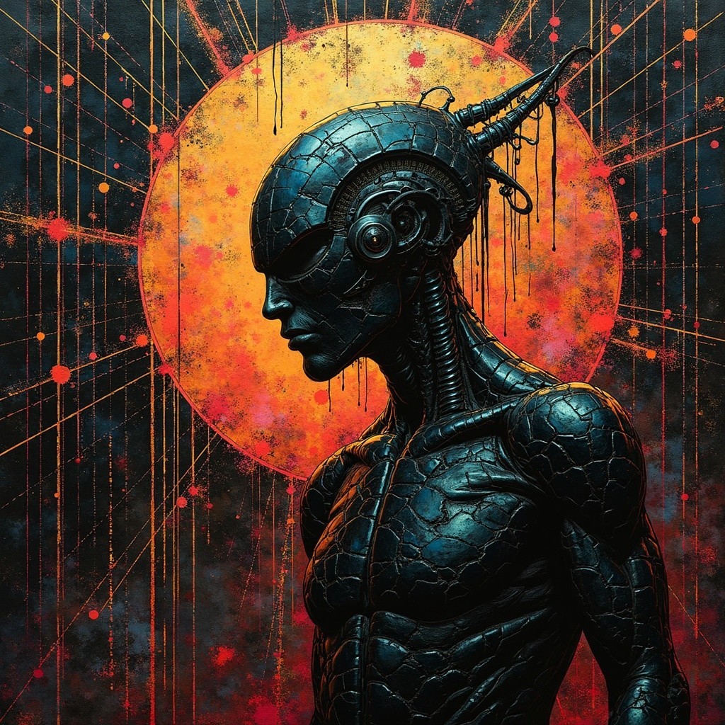 Futuristic humanoid figure with black exoskeleton design