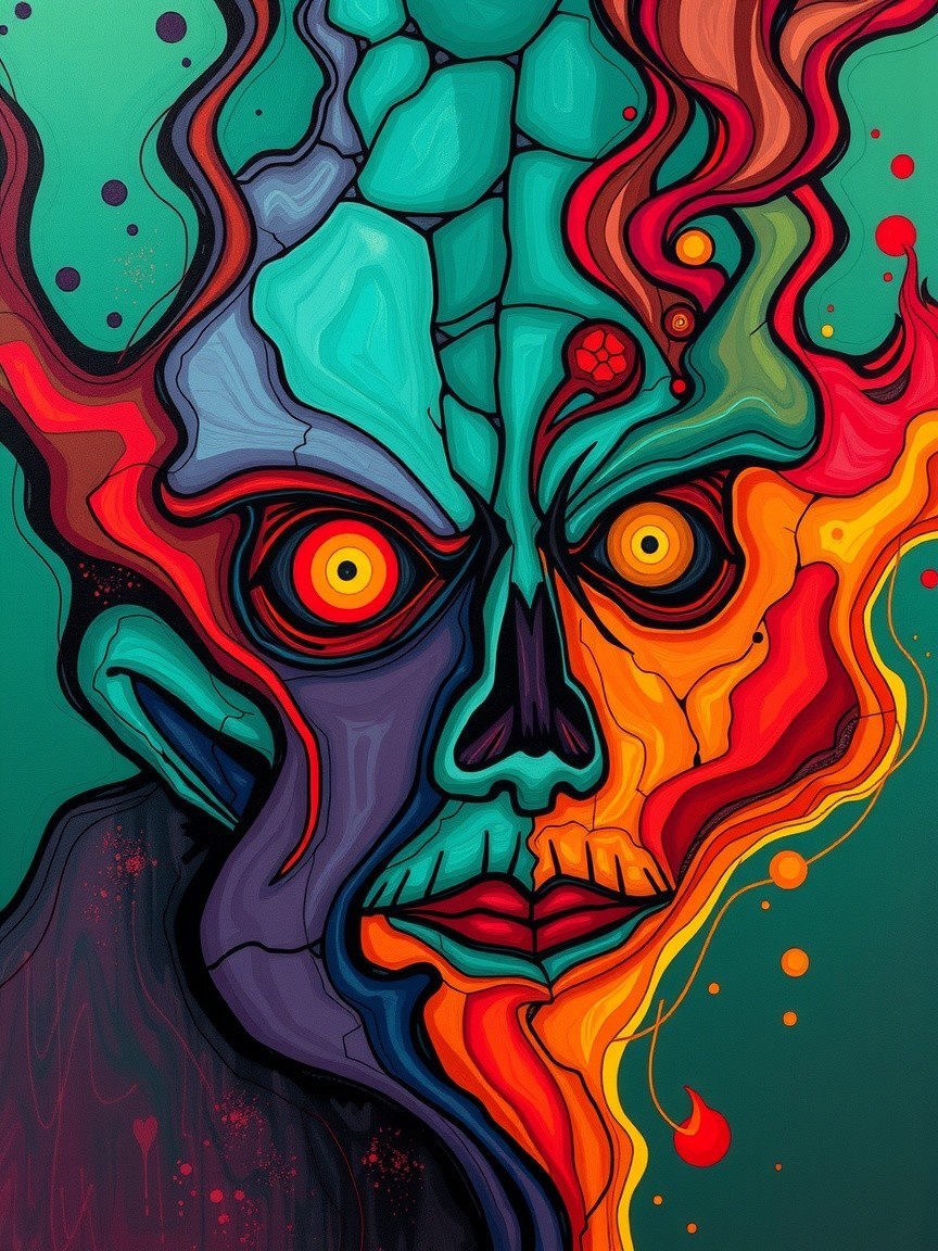 Vibrant Abstract Face with Swirling Colors and Features