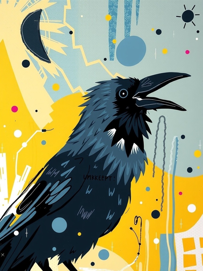 Stylized Raven Illustration on Bright Yellow Background