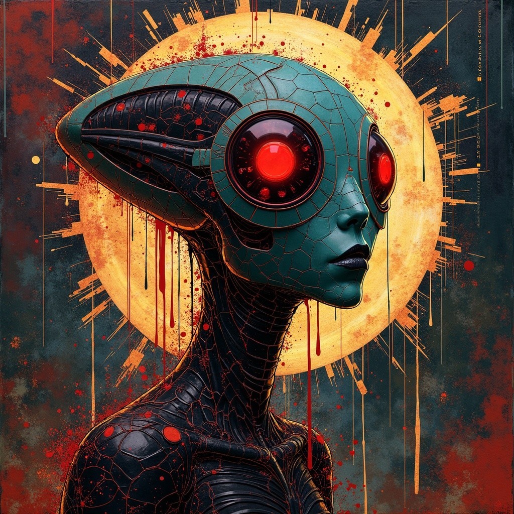 Futuristic alien figure with glowing backdrop details