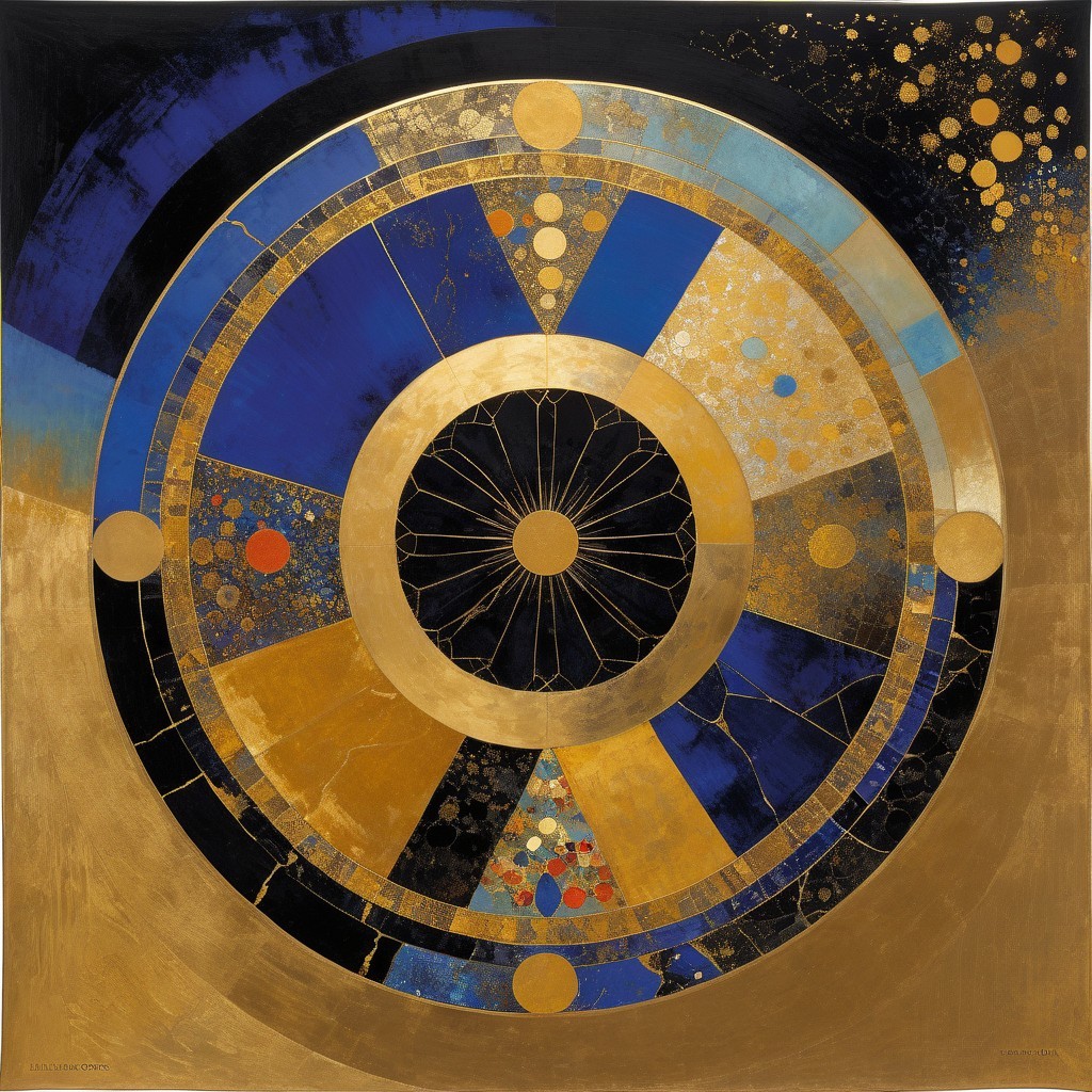 Circular Artwork with Deep Blues and Radiant Golds