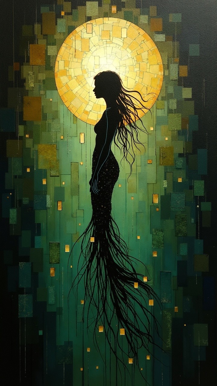 Mermaid Silhouette with Vibrant Background and Halo