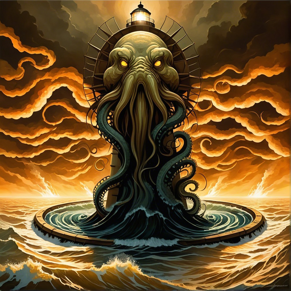 Lighthouse with Tentacled Creature in Stormy Seas