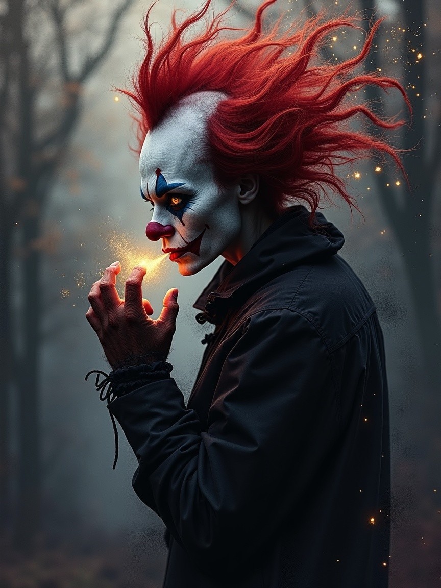 Sinister Clown Figure in Misty Forest with Flame