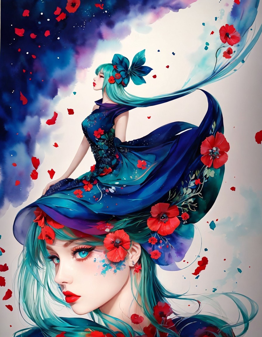 Female figure with turquoise hair in vibrant setting
