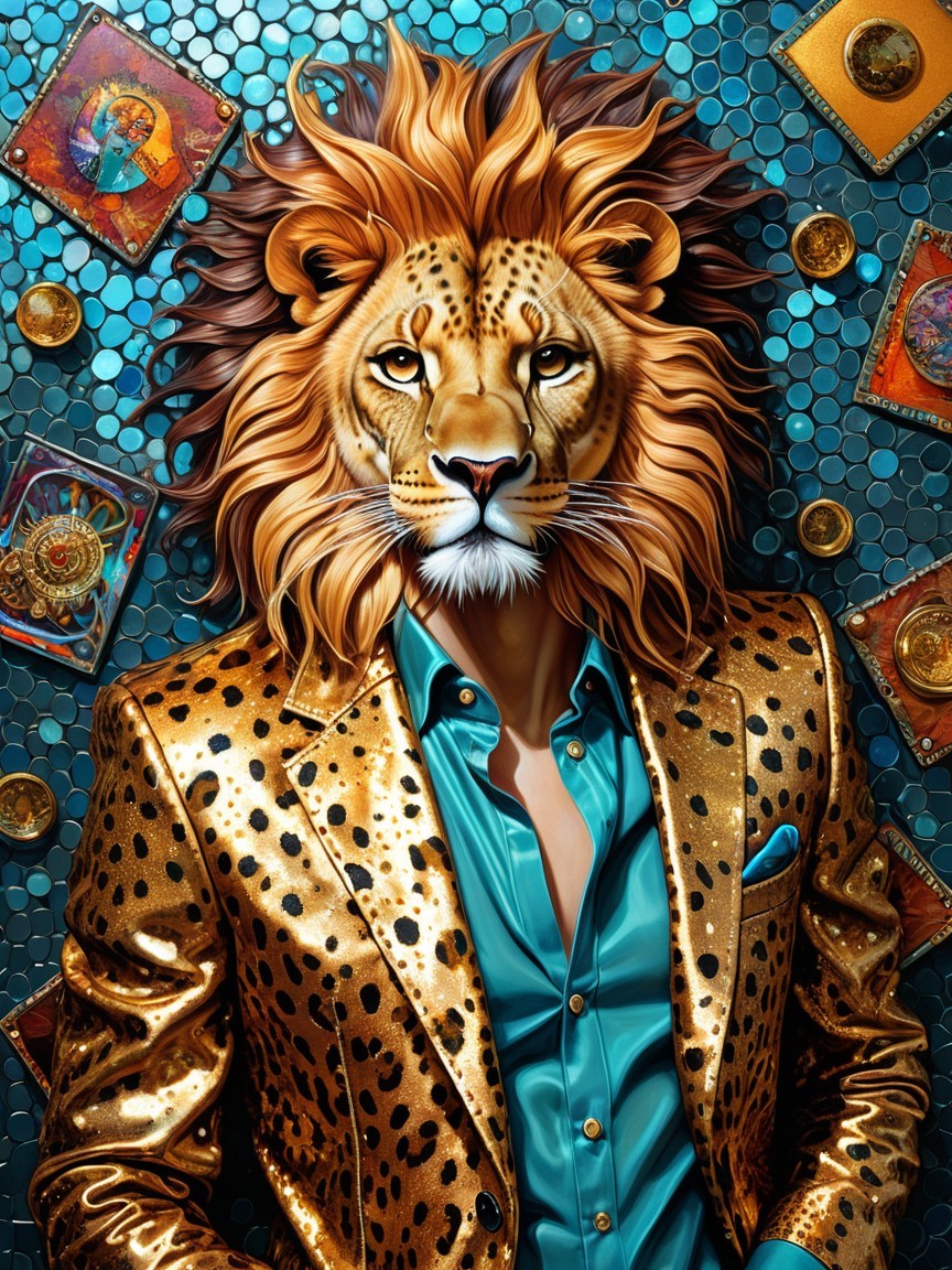 Person with Lion Face in Colorful Setting