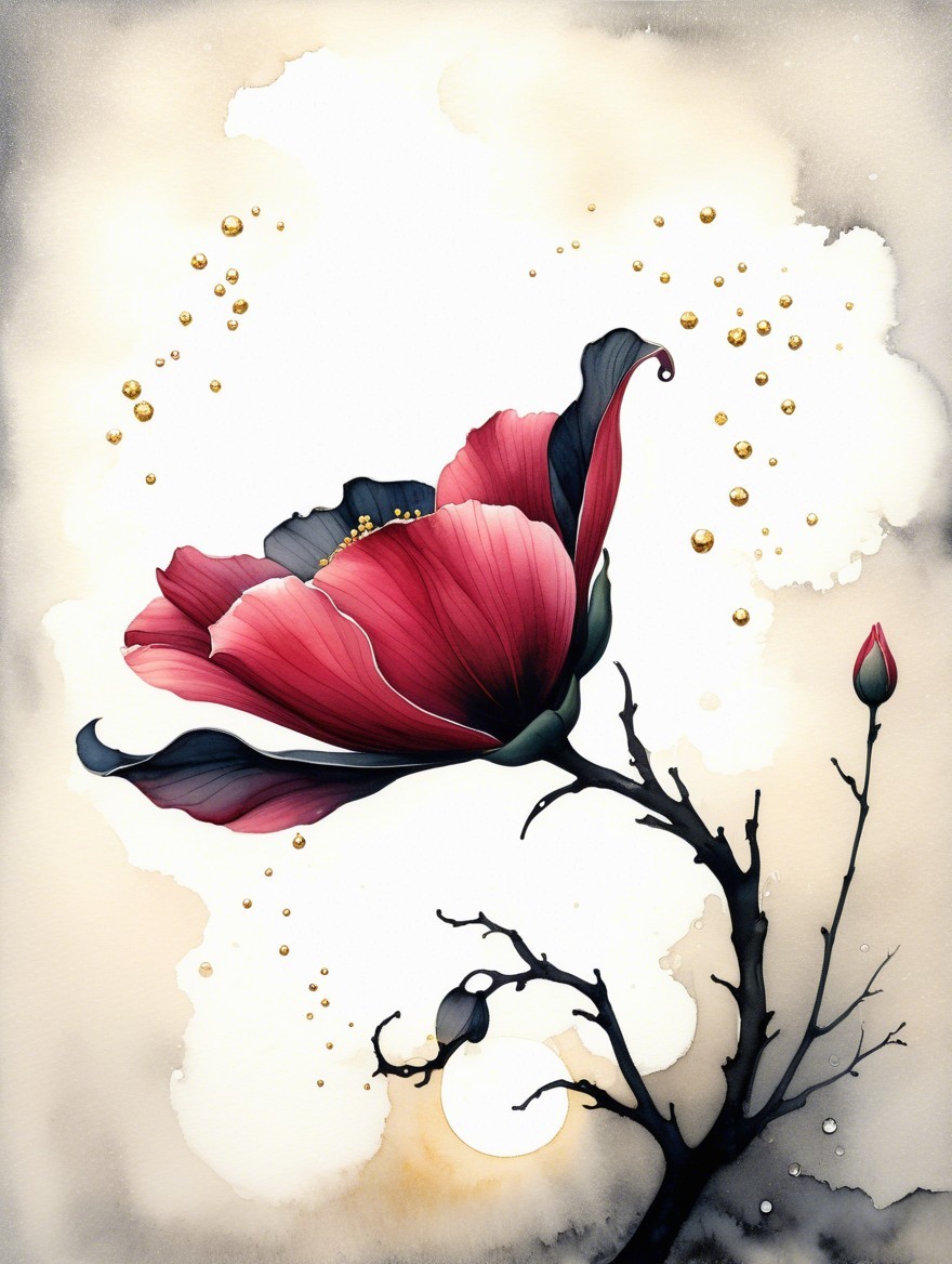 Illustration of a Red Flower on a Slender Branch
