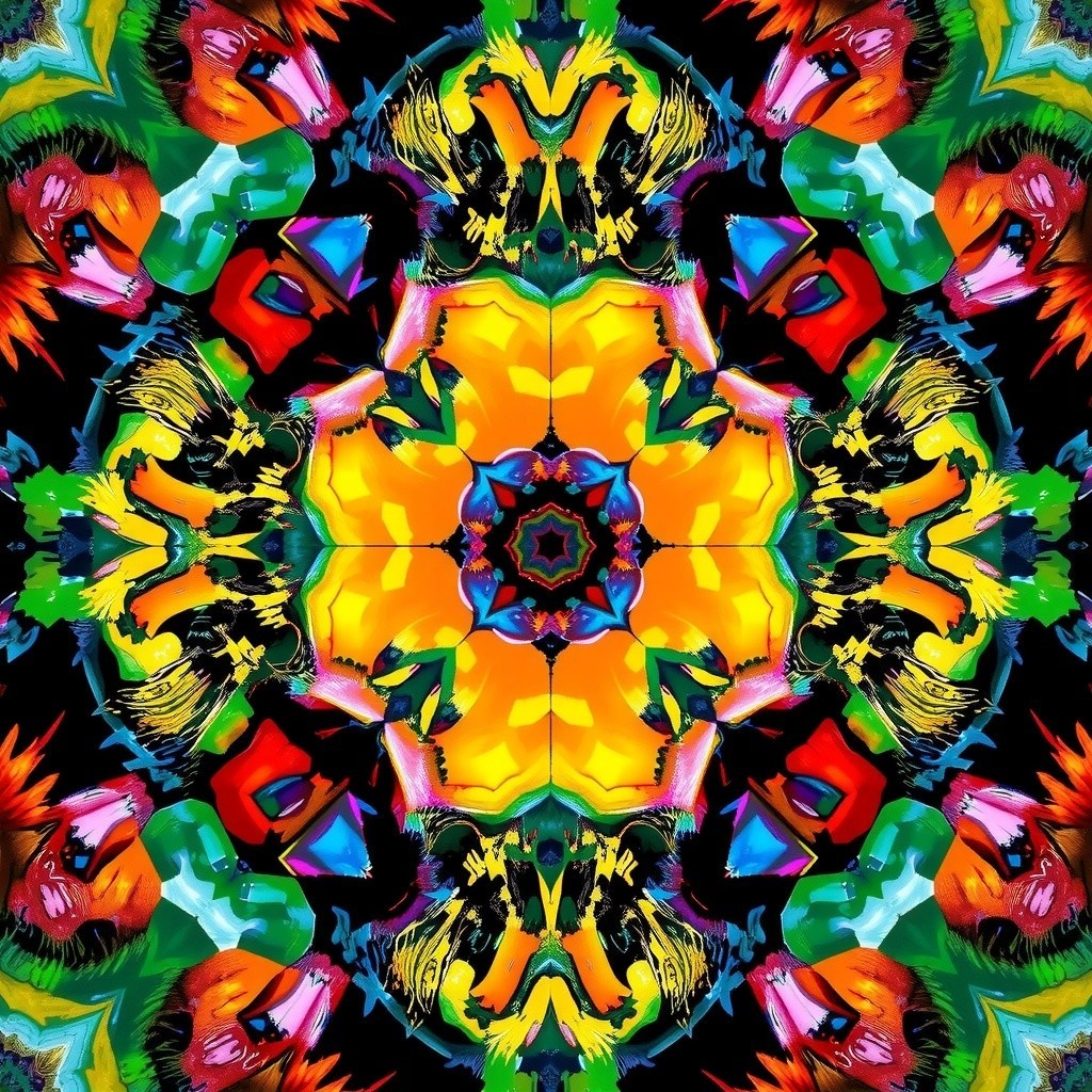 Vibrant Kaleidoscopic Design with Bold Colors and Patterns