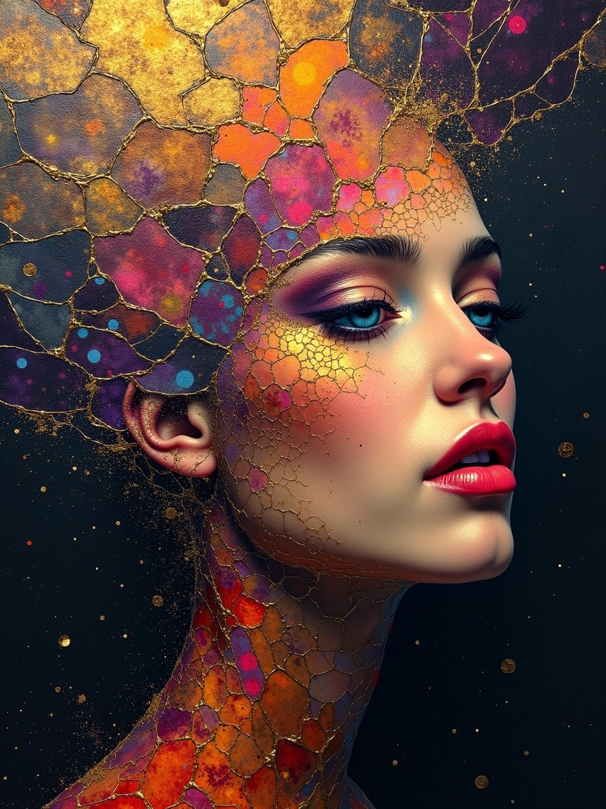 Surreal Portrait of a Woman with Stained Glass Patterns