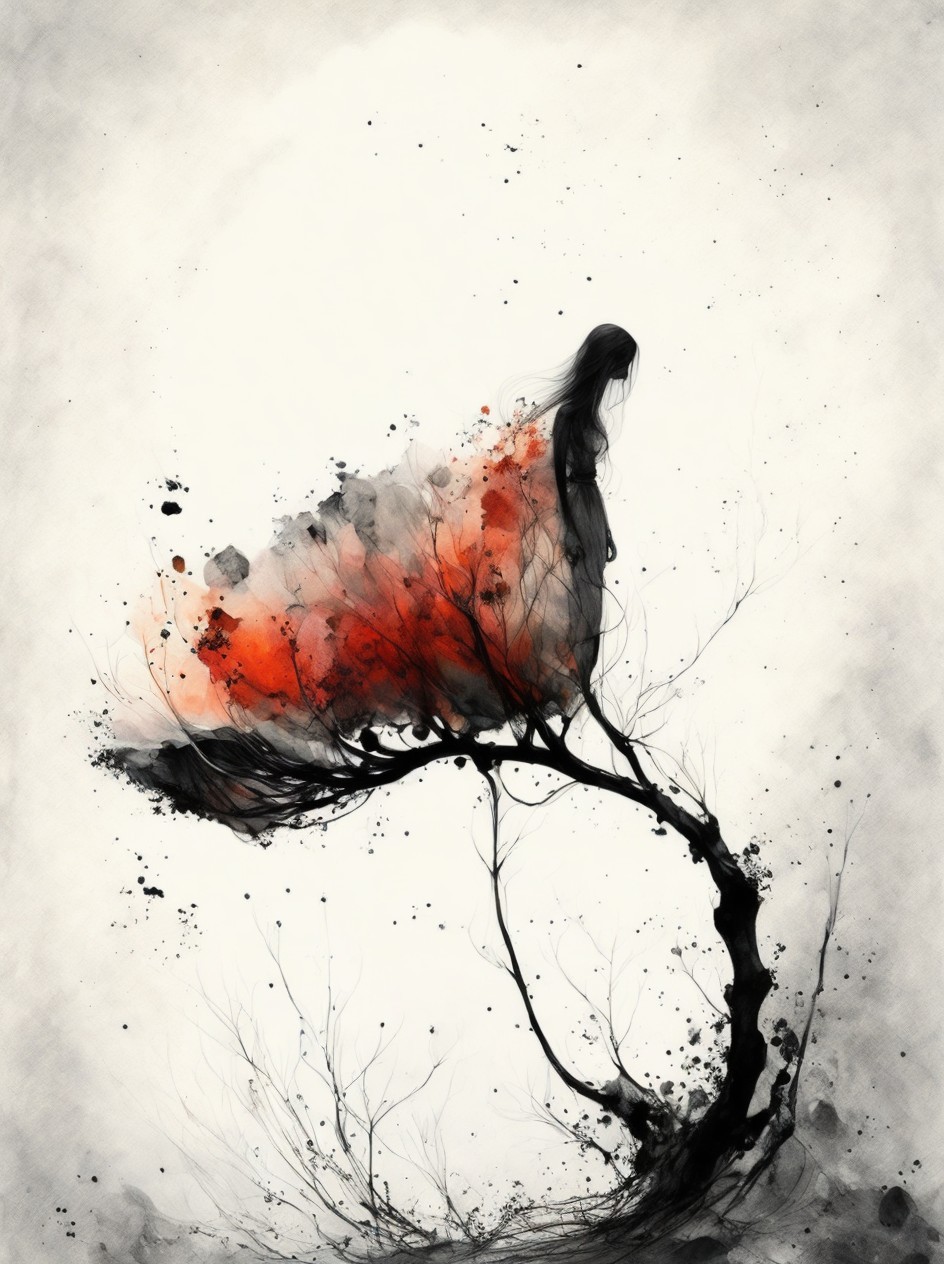 Watercolor Painting of Figure on Gnarled Tree Branch