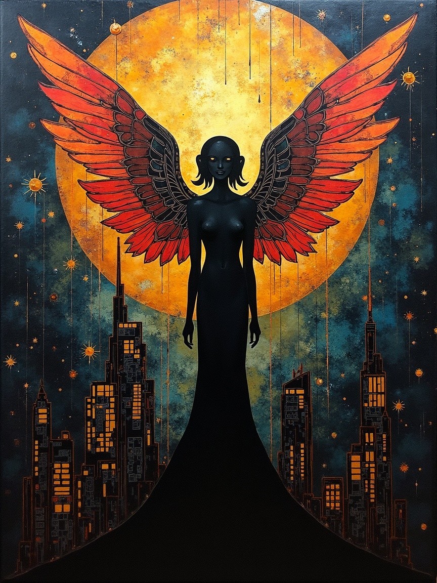 Silhouette of Woman with Red Wings and Golden Moon