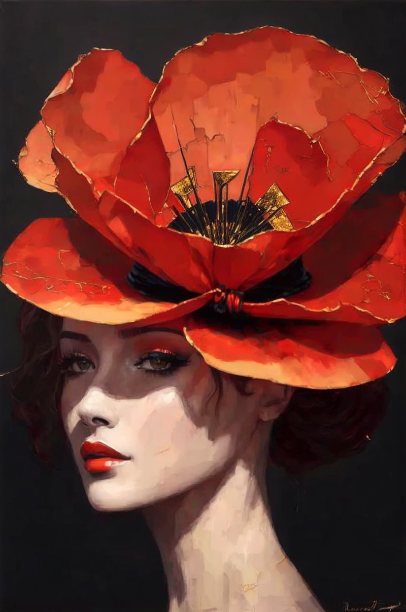 Portrait of a woman with a vibrant red flower hat