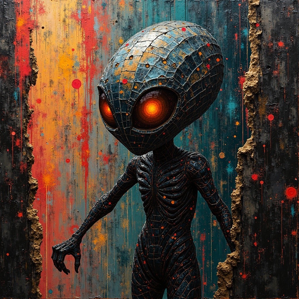 Stylized alien figure on vibrant orange and blue backdrop