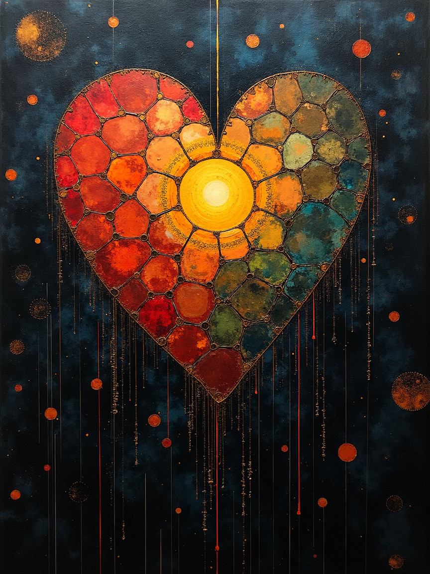 Vibrant Heart Artwork with Honeycomb Segments and Dots