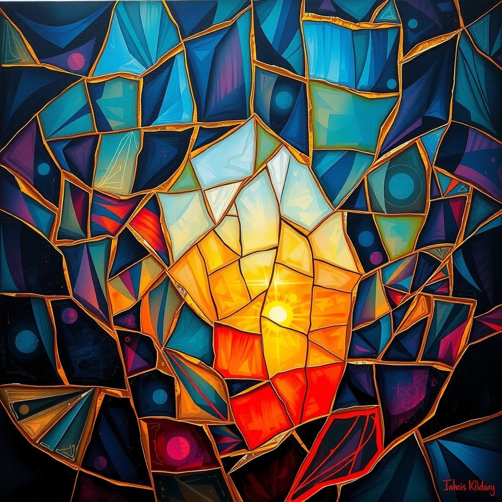 Vibrant Fragmented Shapes with Sunburst and Color Depth