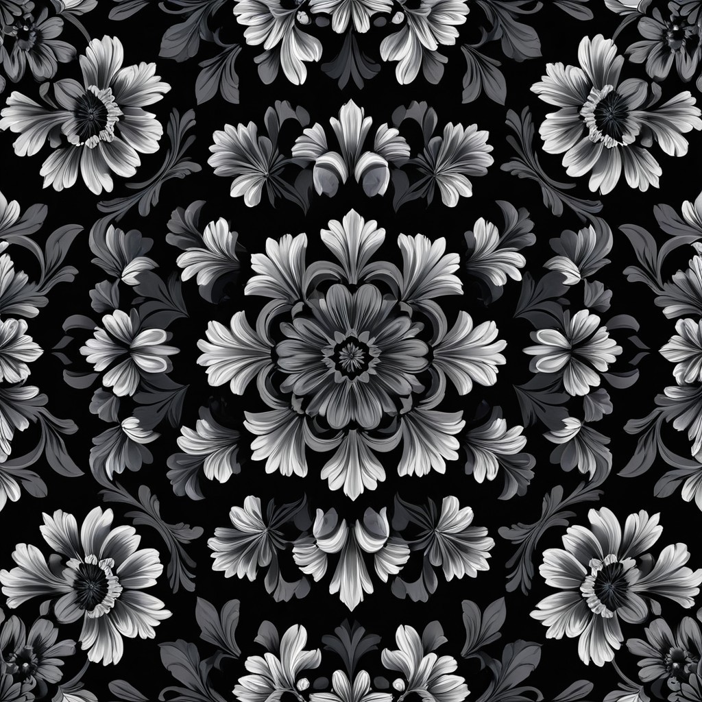 Black and White Floral Pattern with Symmetrical Design