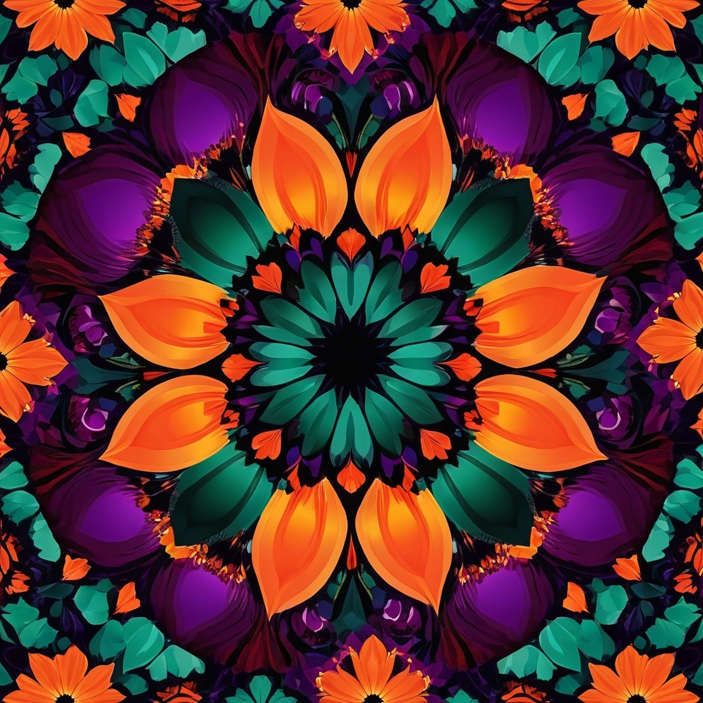 Vibrant Kaleidoscopic Floral Design with Bold Colors