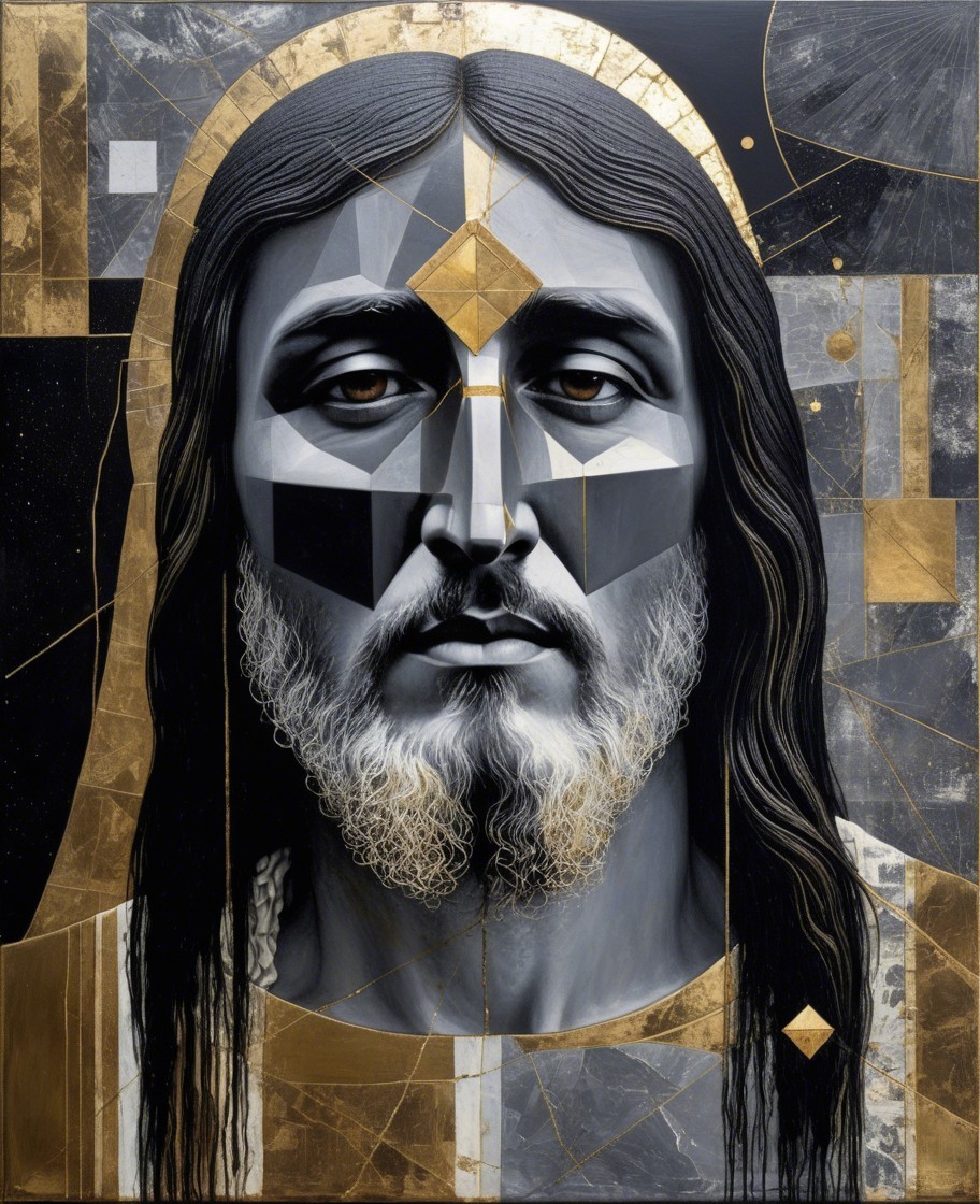 Geometric Artwork of a Long-Haired Figure with Beard