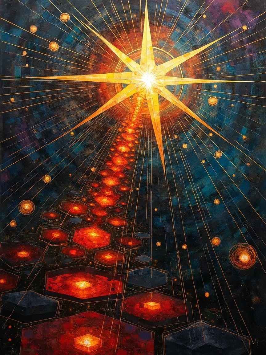 Cosmic Artwork with Radiant Star and Hexagonal Patterns