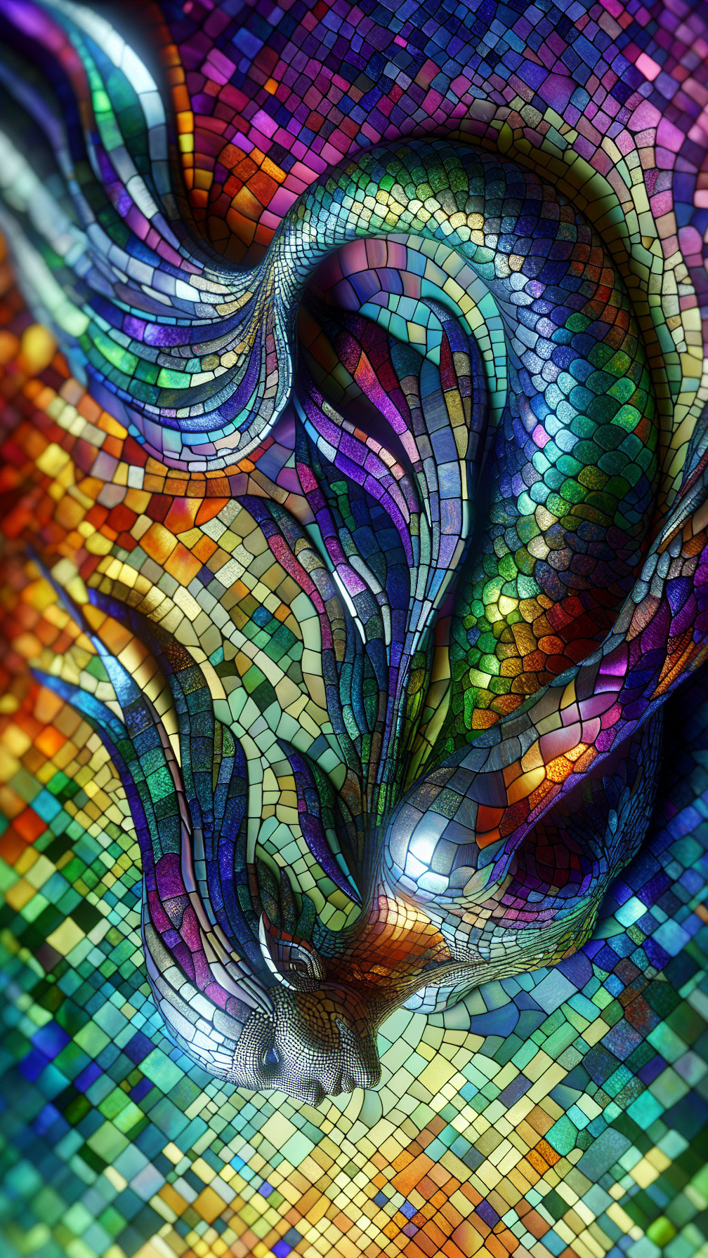 Iridescent Mermaid Figure in Vibrant Mosaic Art
