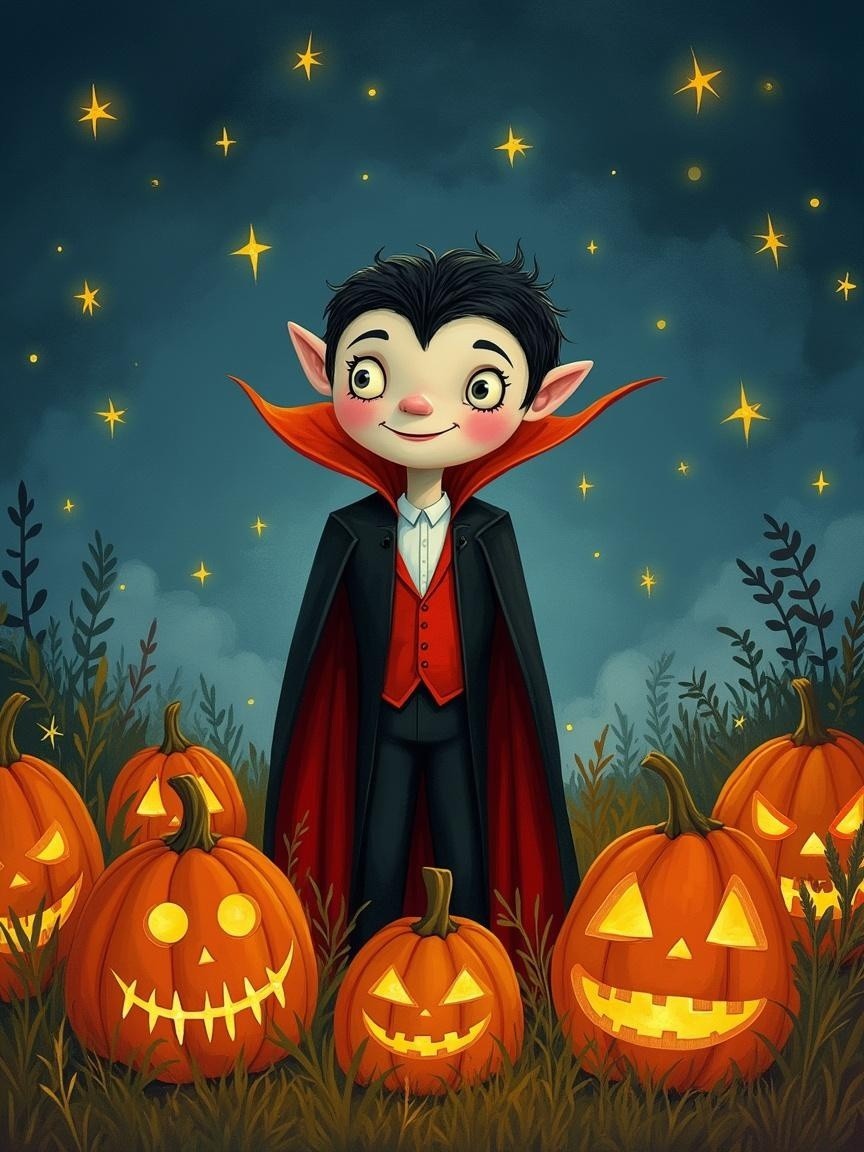 Whimsical Young Vampire Among Carved Pumpkins at Twilight