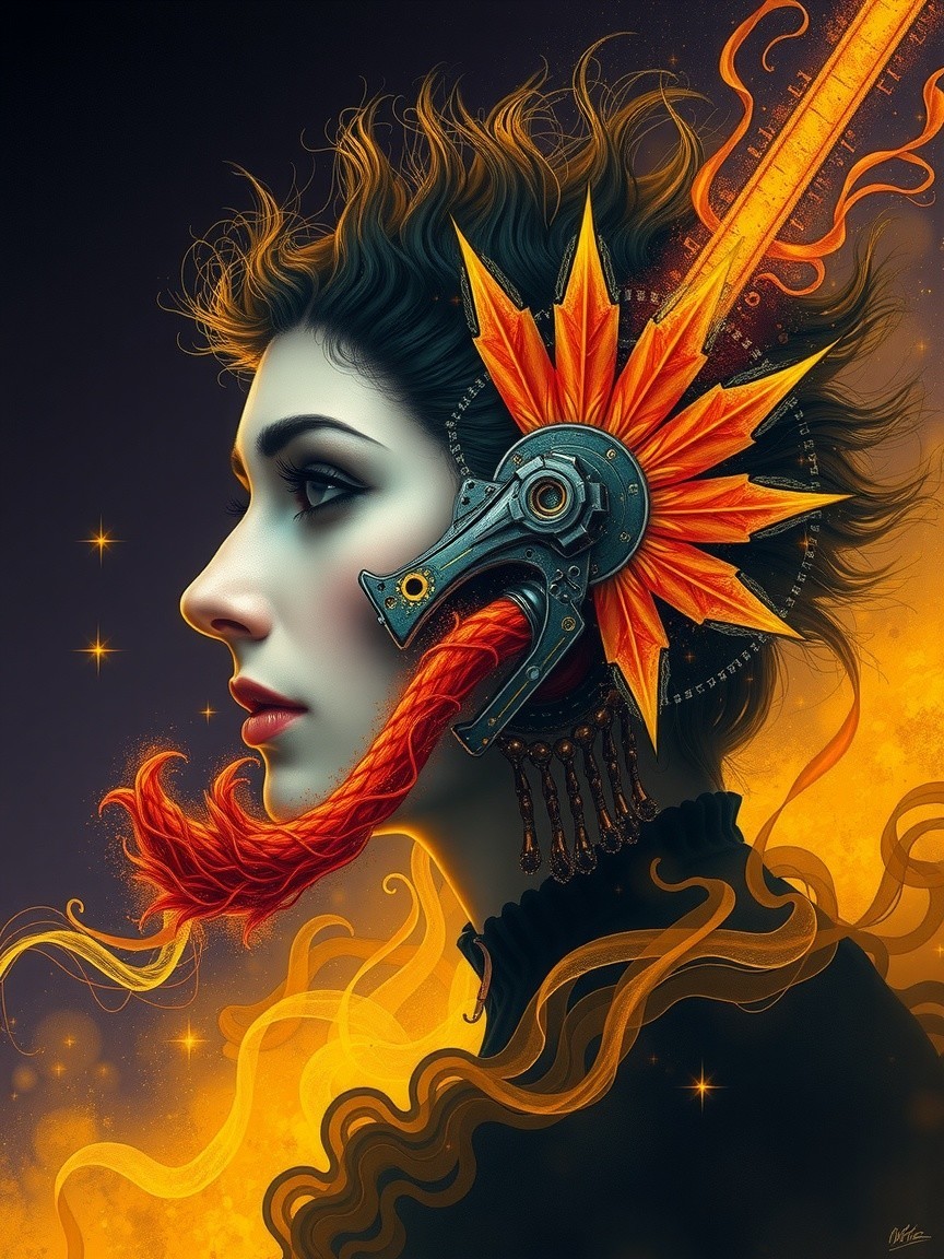 Profile of a Woman with Fiery Hair and Headpiece