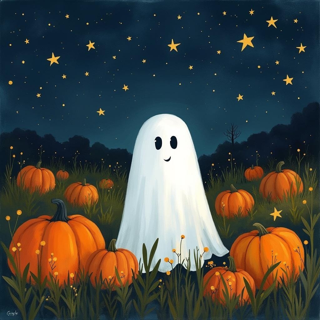 Cheerful ghost among pumpkins in a starry night scene