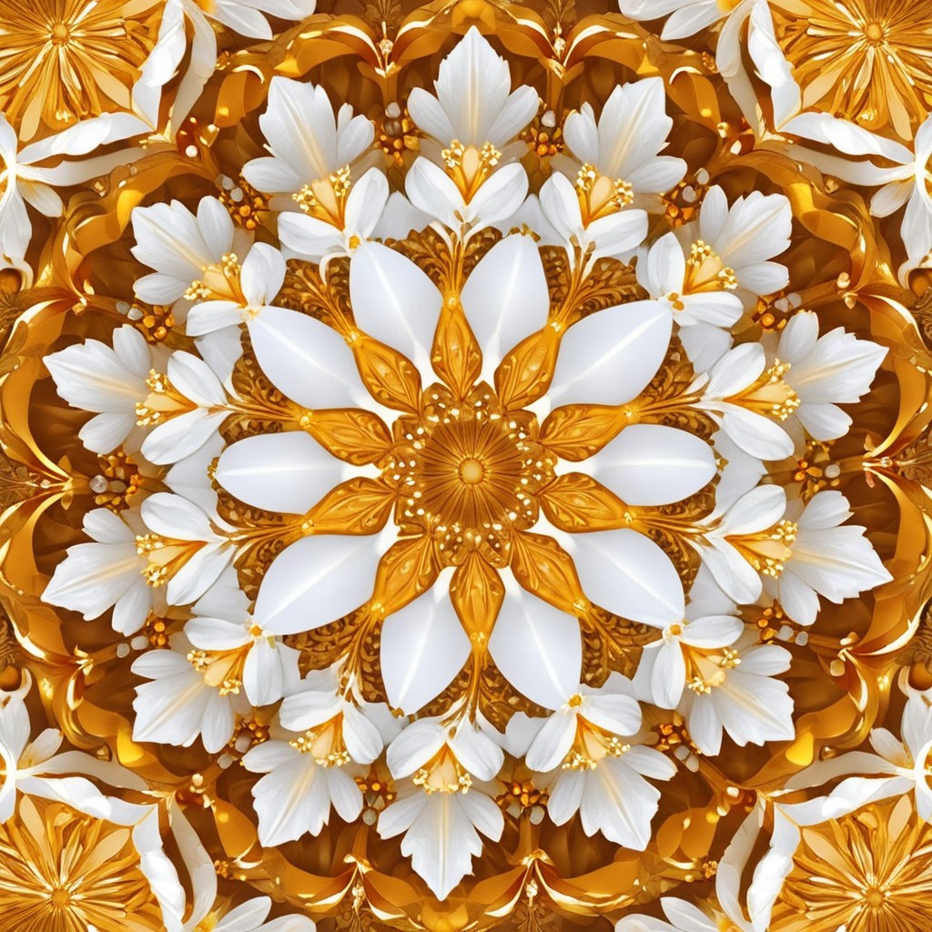 Symmetrical Mandala Design with Gold and White Elements