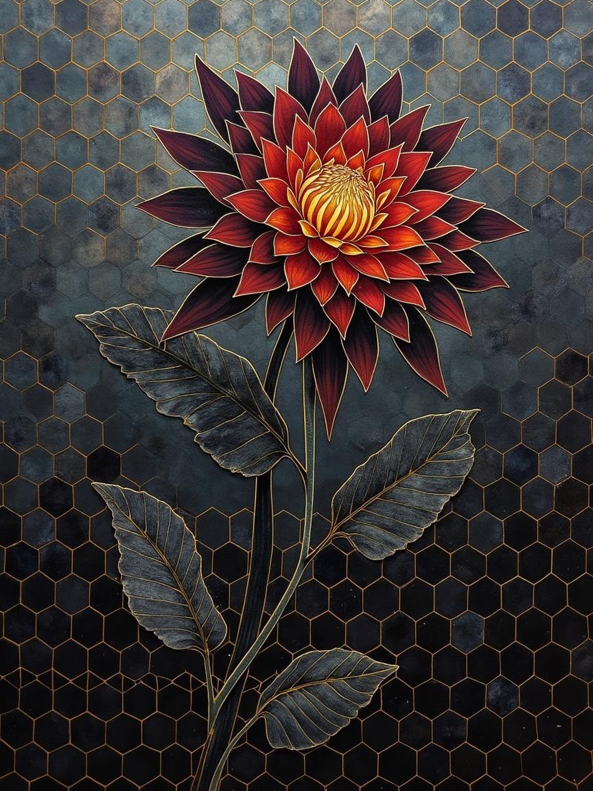 Vivid Red and Orange Dahlia Flower on Dark Background
