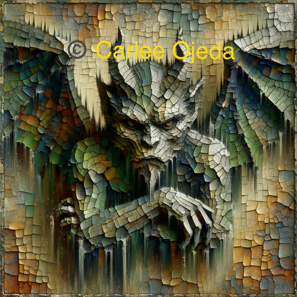 Fragmented Horned Creature with Wings in Earthy Tones