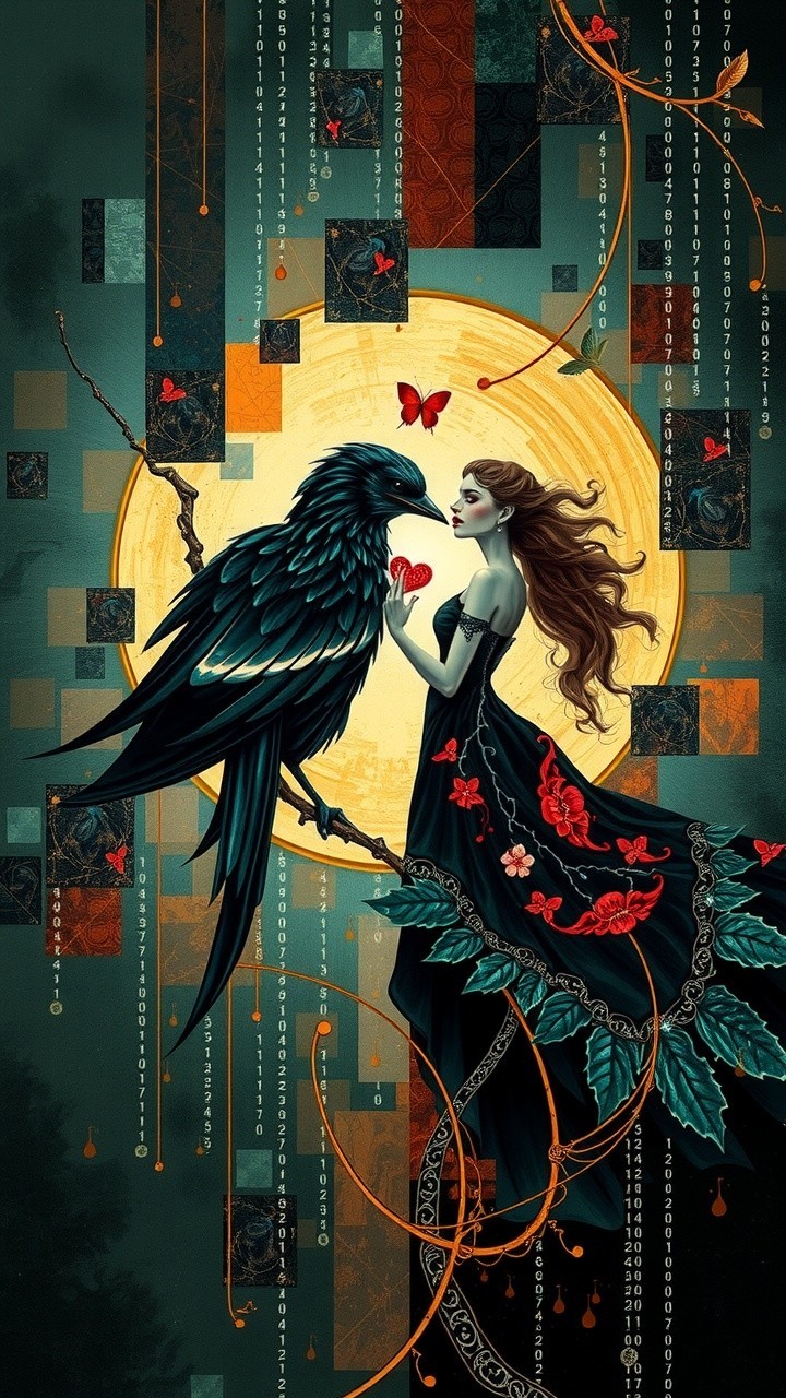 Mystical Scene of Woman, Raven, and Butterflies