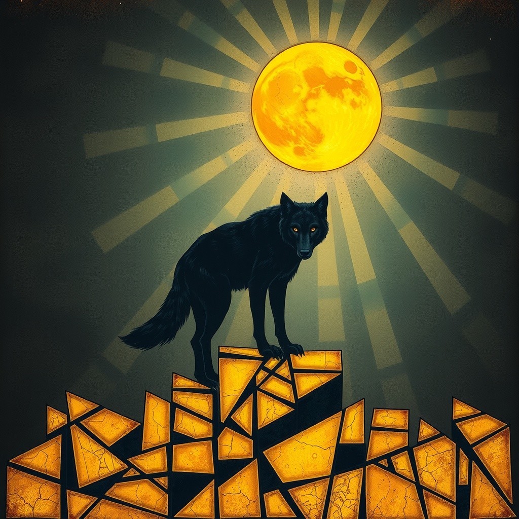 Black Wolf Silhouette on Golden Shards Under Moonlight