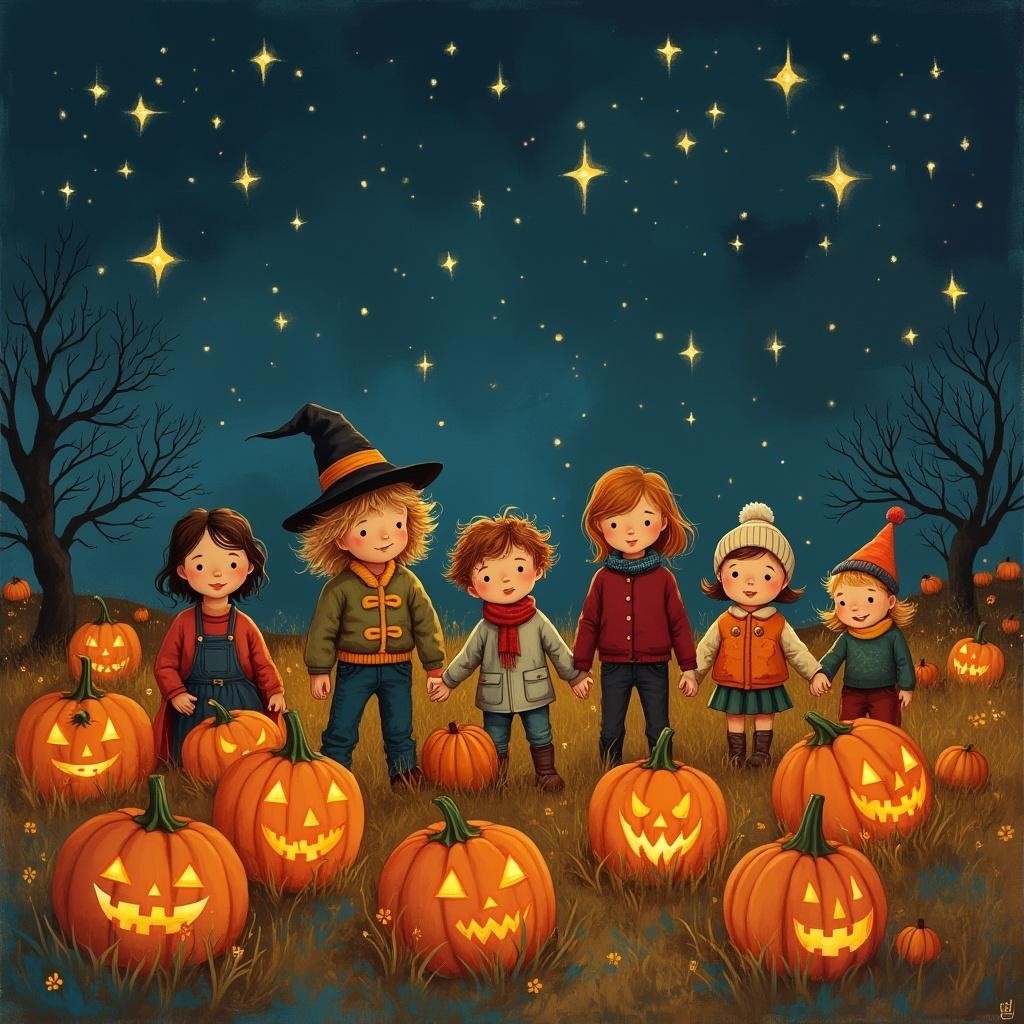 Whimsical Autumn Scene with Children and Jack-o'-Lanterns