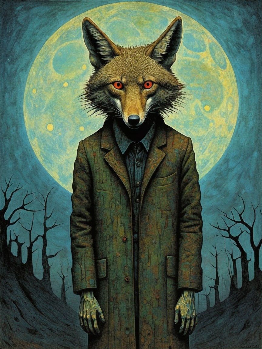Humanoid Figure with Fox Head Under Full Moon